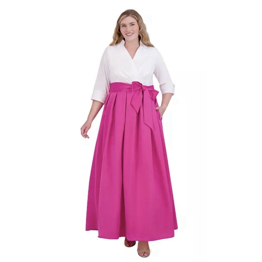 Jessica Howard Ball Gown Size 18W PLUS White Pink Sash-Tie Taffeta 3/4 Sleeve